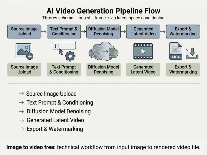 Block diagram showing the five stages of an AI video generation pipeline from image upload to export