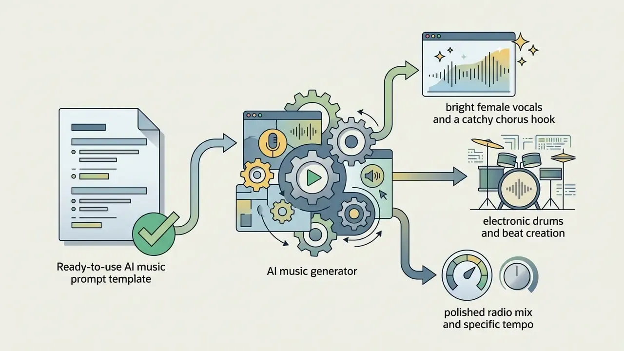 System of gears processing a prompt template into vocals, drum beats, and a polished radio mix