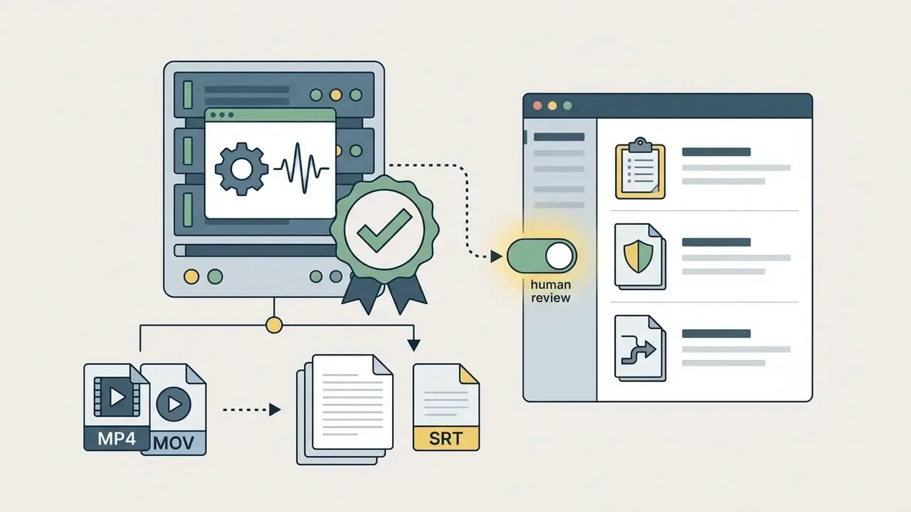 Server processing media files into documents with a human review toggle and compliance badge