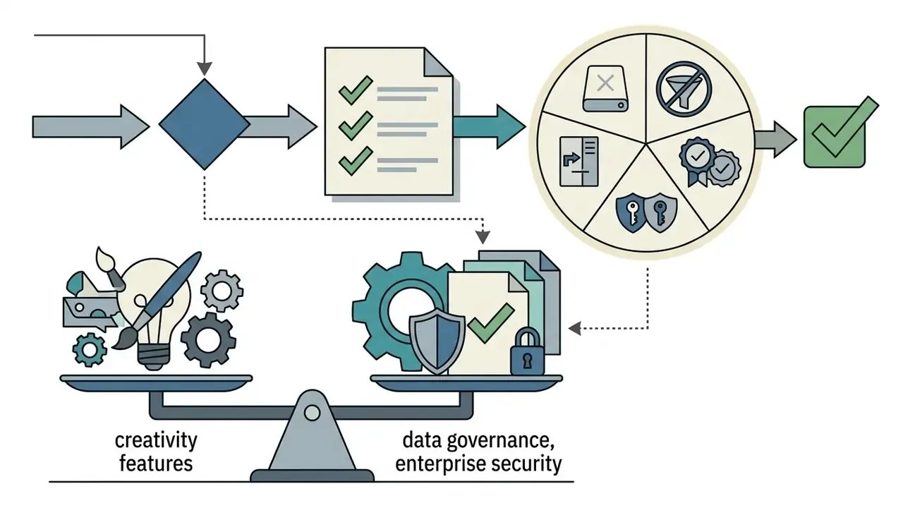 Balance scale weighing creative features against data governance and enterprise security requirements