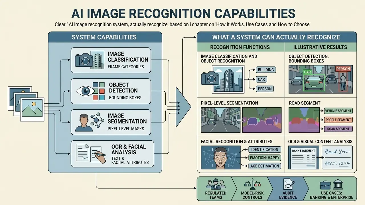 Infographic showing technical tasks like object detection, pixel segmentation, and OCR analysis