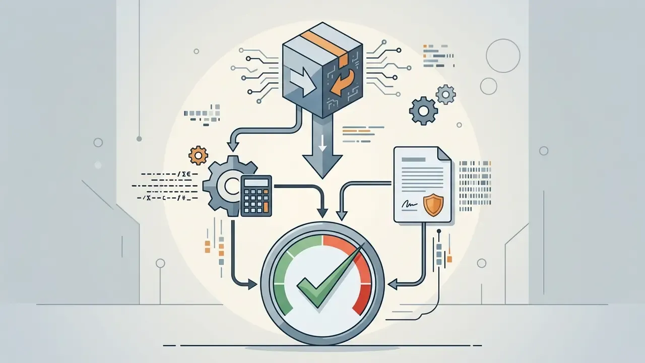 Package data flowing through a calculator and signed document to a gauge showing a positive status