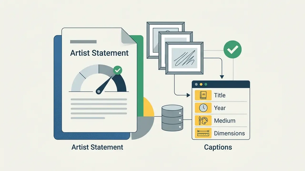 Document with an artist statement and a list of required artwork caption details for an art portfolio