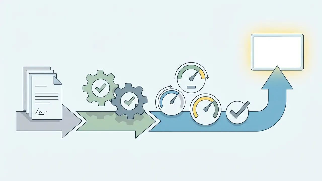 Documents and gears leading to monitoring gauges and a final checkmark pointing toward a digital screen