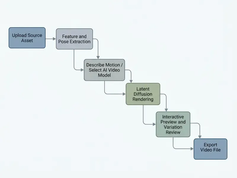 Step-by-step process flow from asset upload and feature extraction to rendering and final video export