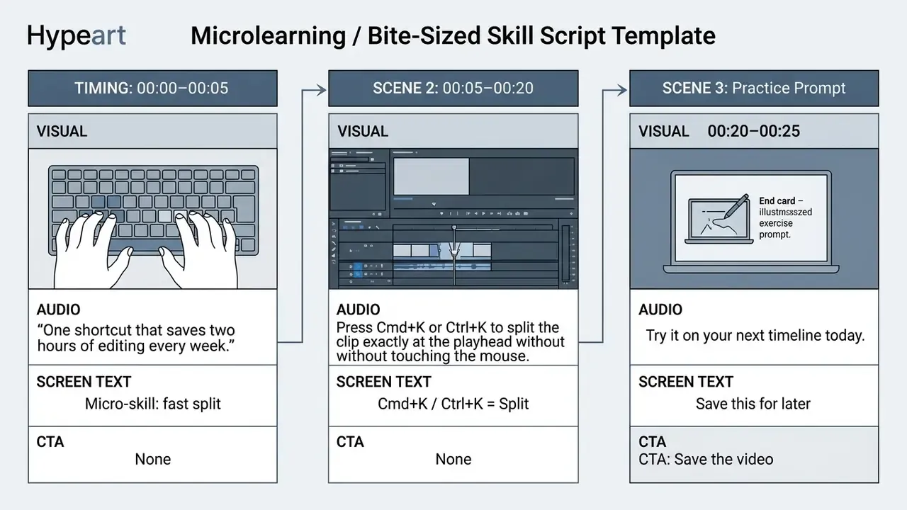 Layout of three panels detailing timing, visual, audio, and screen text for a short instructional video