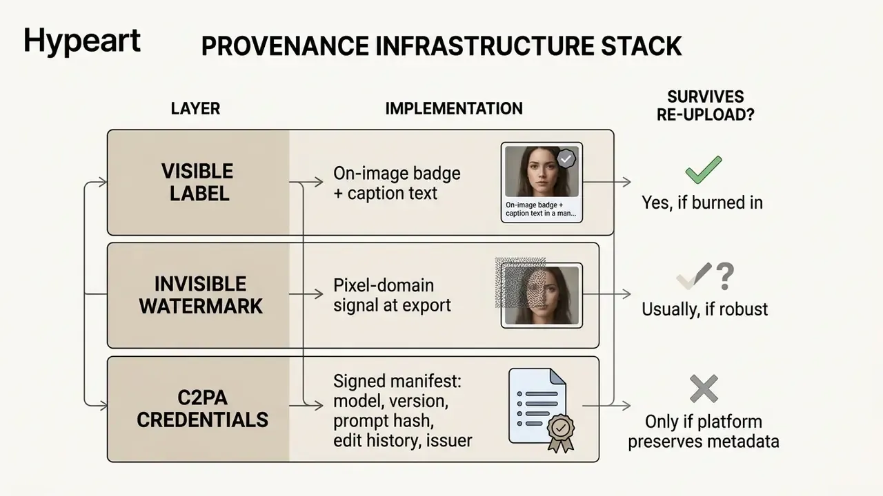 Table outlining three layers of synthetic media disclosure including visible labels, invisible watermarks, and C2PA