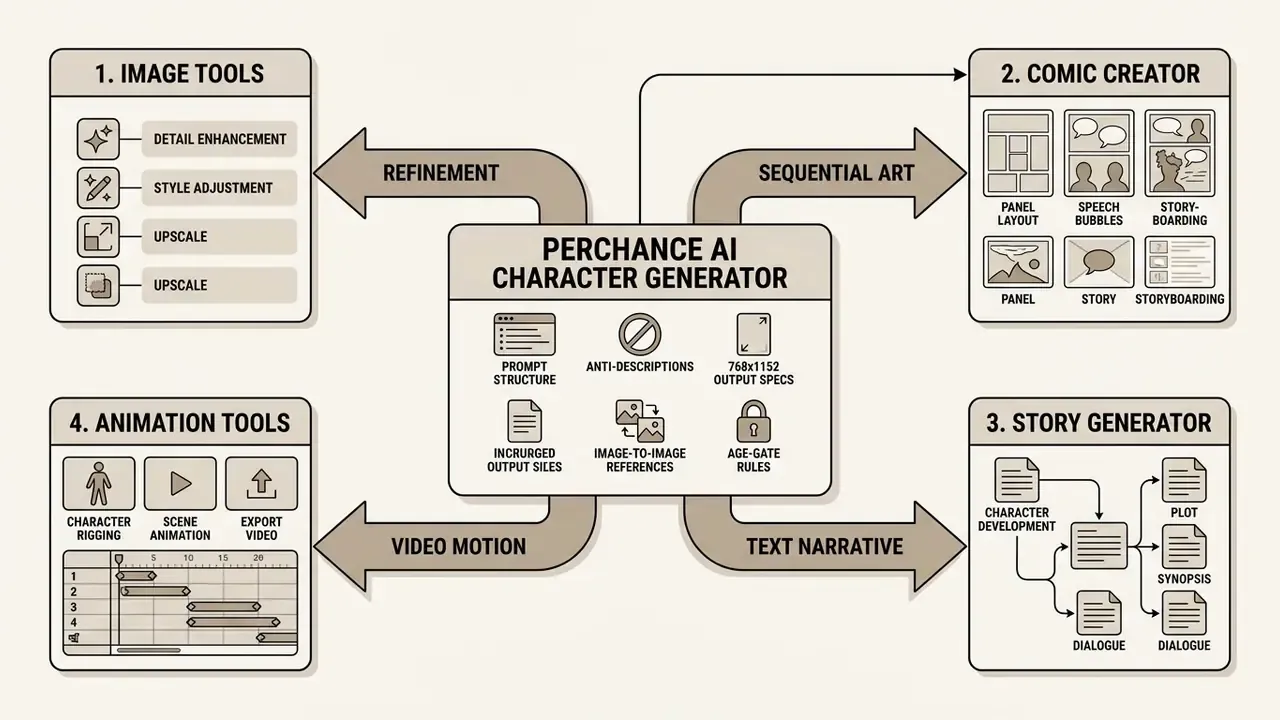 Central hub diagram connecting creative production tools for image refinement, comics, stories, and animation