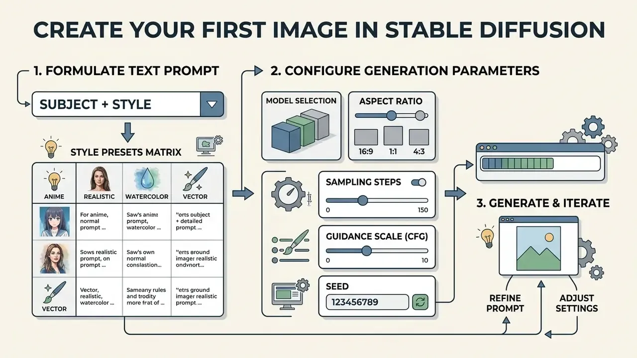 Flowchart outlining steps to create Stable Diffusion images via text prompts and parameter configuration