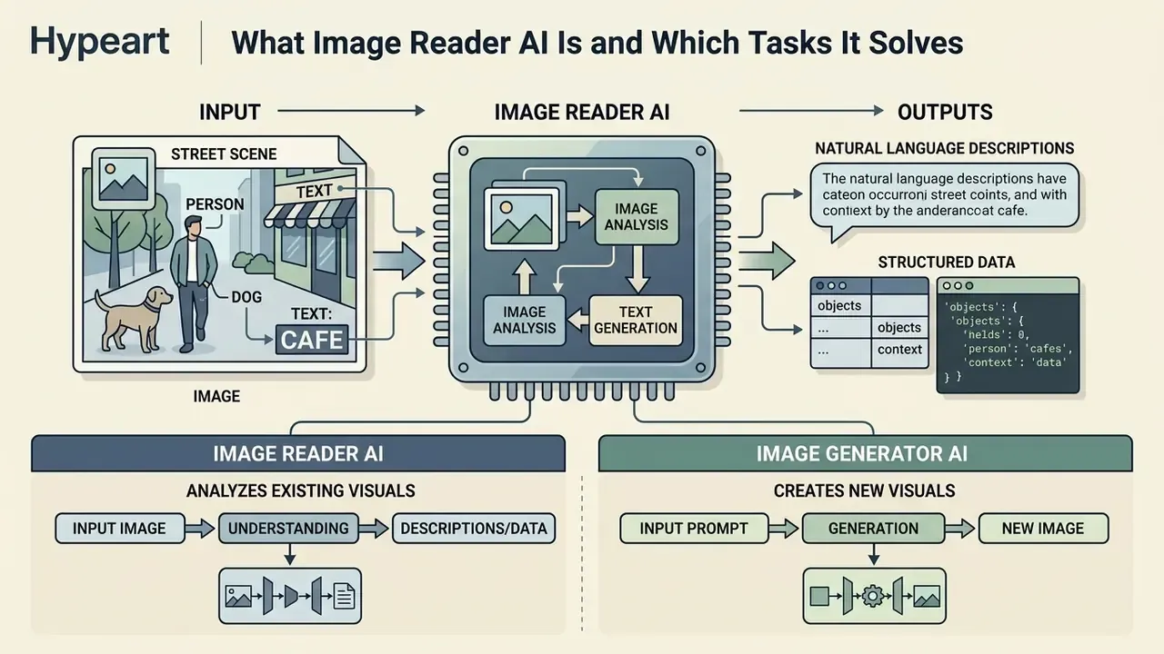 Diagram showing how Image Reader AI processes visual input into natural language and structured data