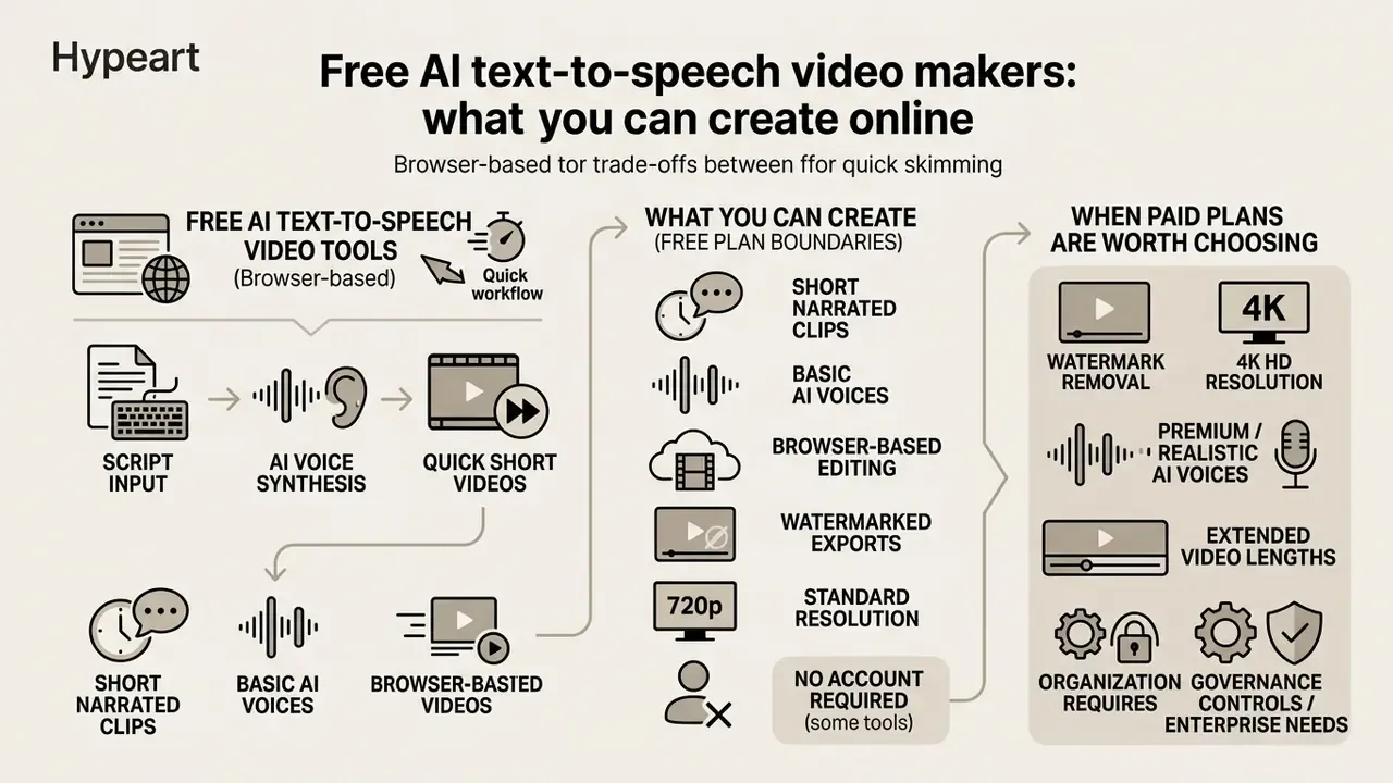 Diagram showing the process and limitations of free AI text-to-speech video tools for online creation