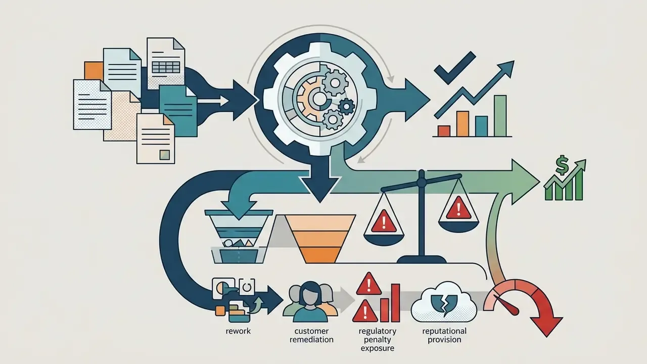 Documents feeding into gears and a scale to illustrate financial loss and risk mitigation outcomes