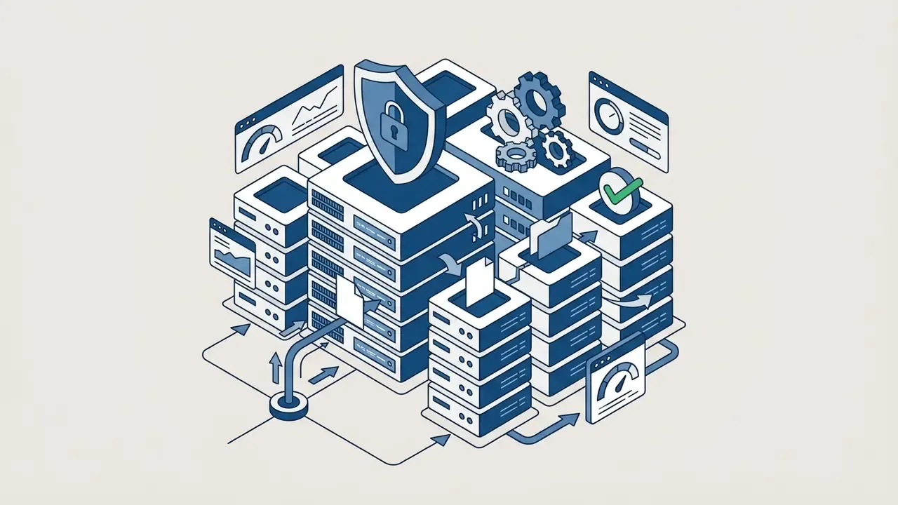 Isometric 3D data center servers with a security shield, gears, performance gauges, and document icons