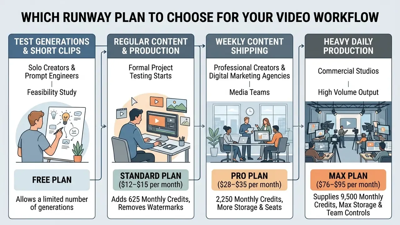 Sequential chart mapping Runway AI video generation plans to specific user needs and production volumes