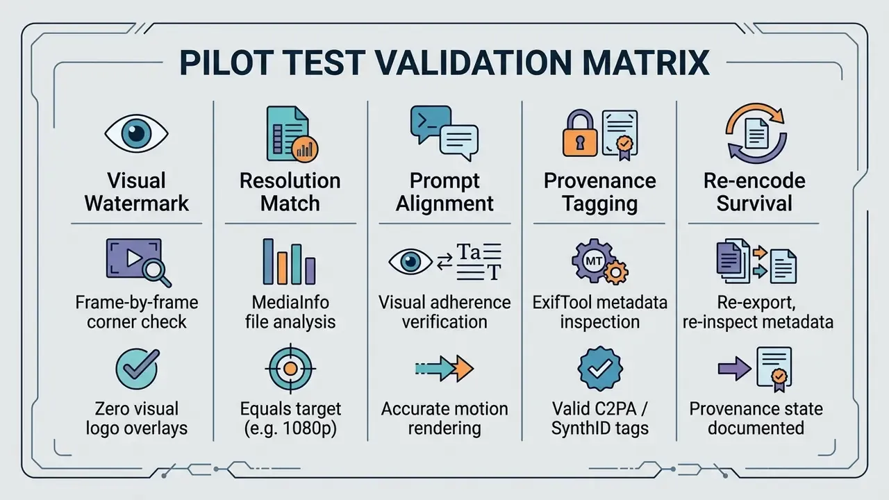 Validation matrix table detailing criteria, inspection methods, and pass conditions for AI video testing