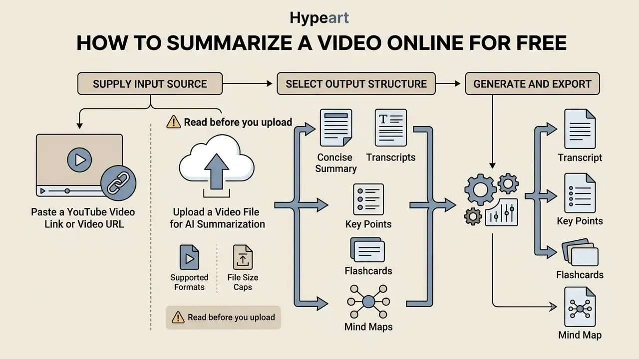 Infographic showing steps to provide a video source, select output formats, and generate summaries