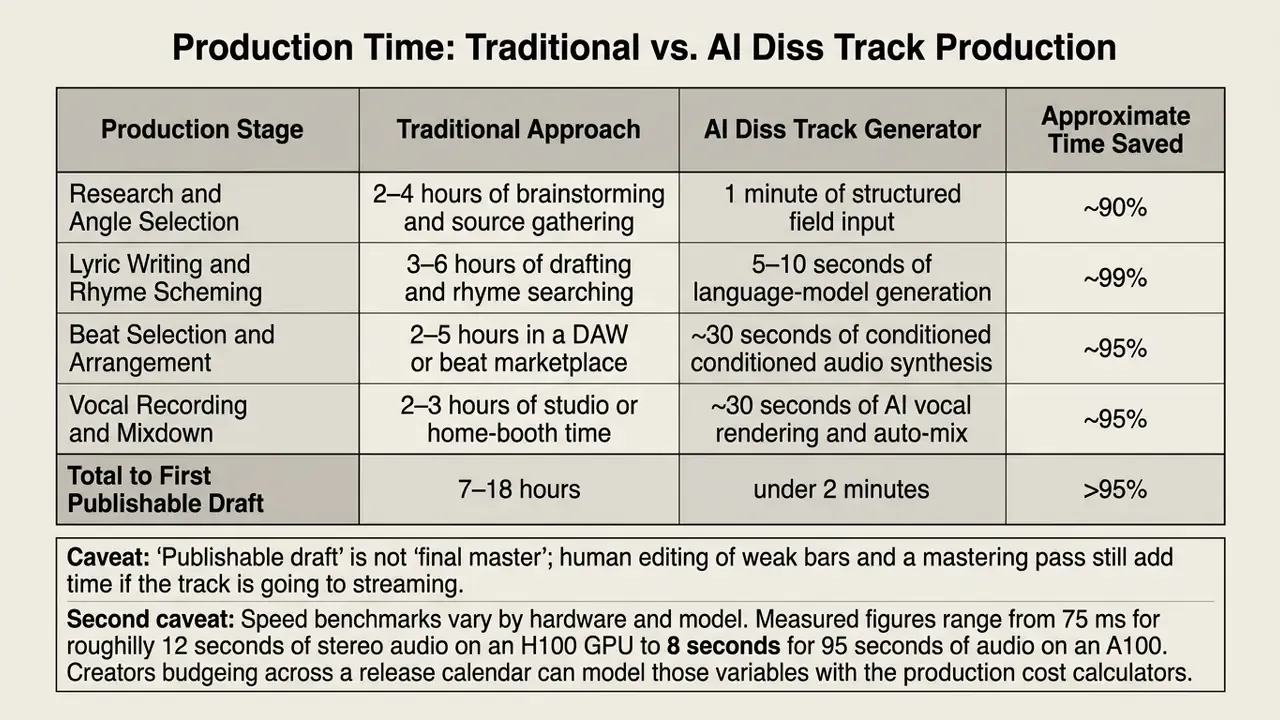 Comparison table contrasting traditional music production steps and time requirements against automated methods
