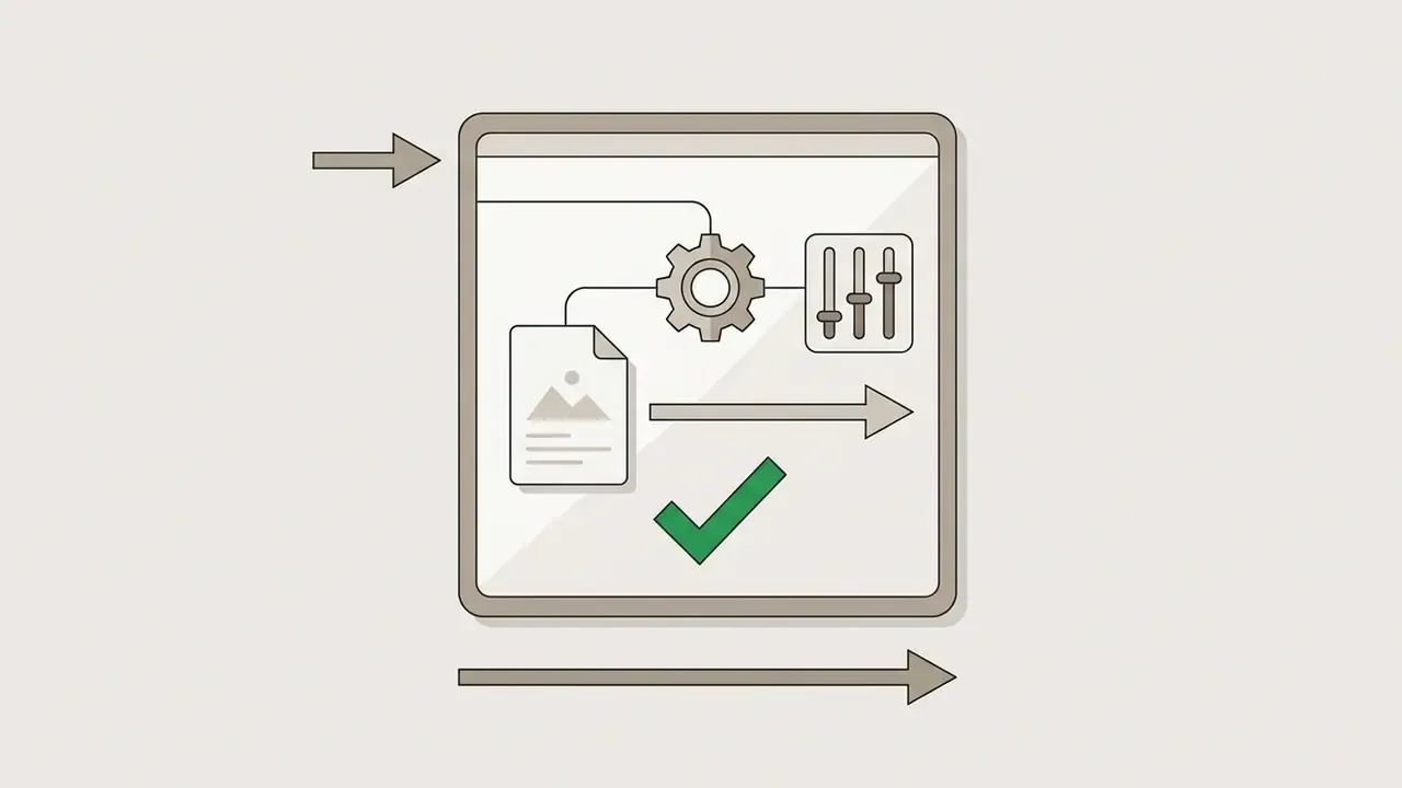 Gear and adjustment slider icons connected to a document icon with a green checkmark for a photo editor for Mac