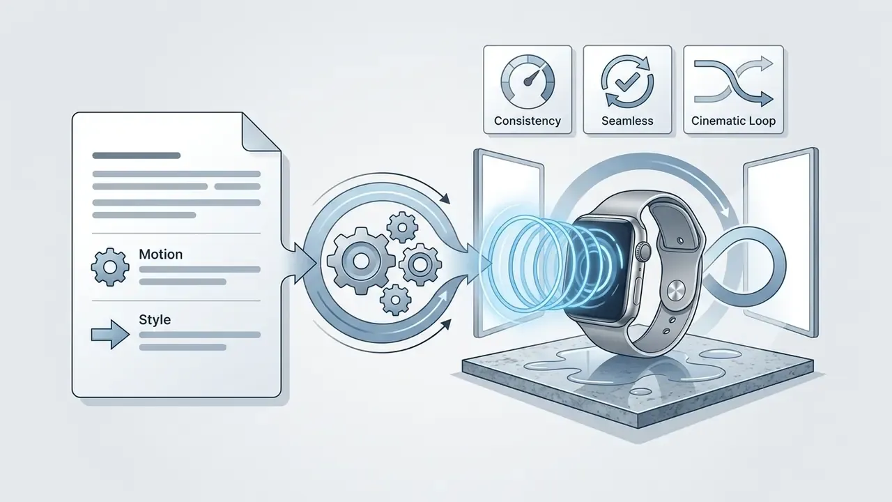 Prompt text flowing through a gear mechanism to generate a glowing smartwatch with loop settings
