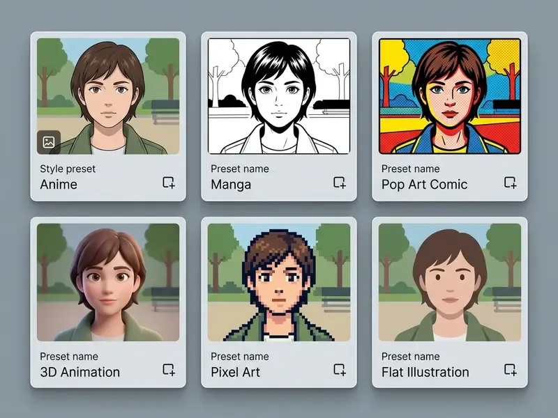 ## visual style comparison of a single reference portrait processed through varied generative adapters. *alt="ai cartoon generator apps style options comparison"