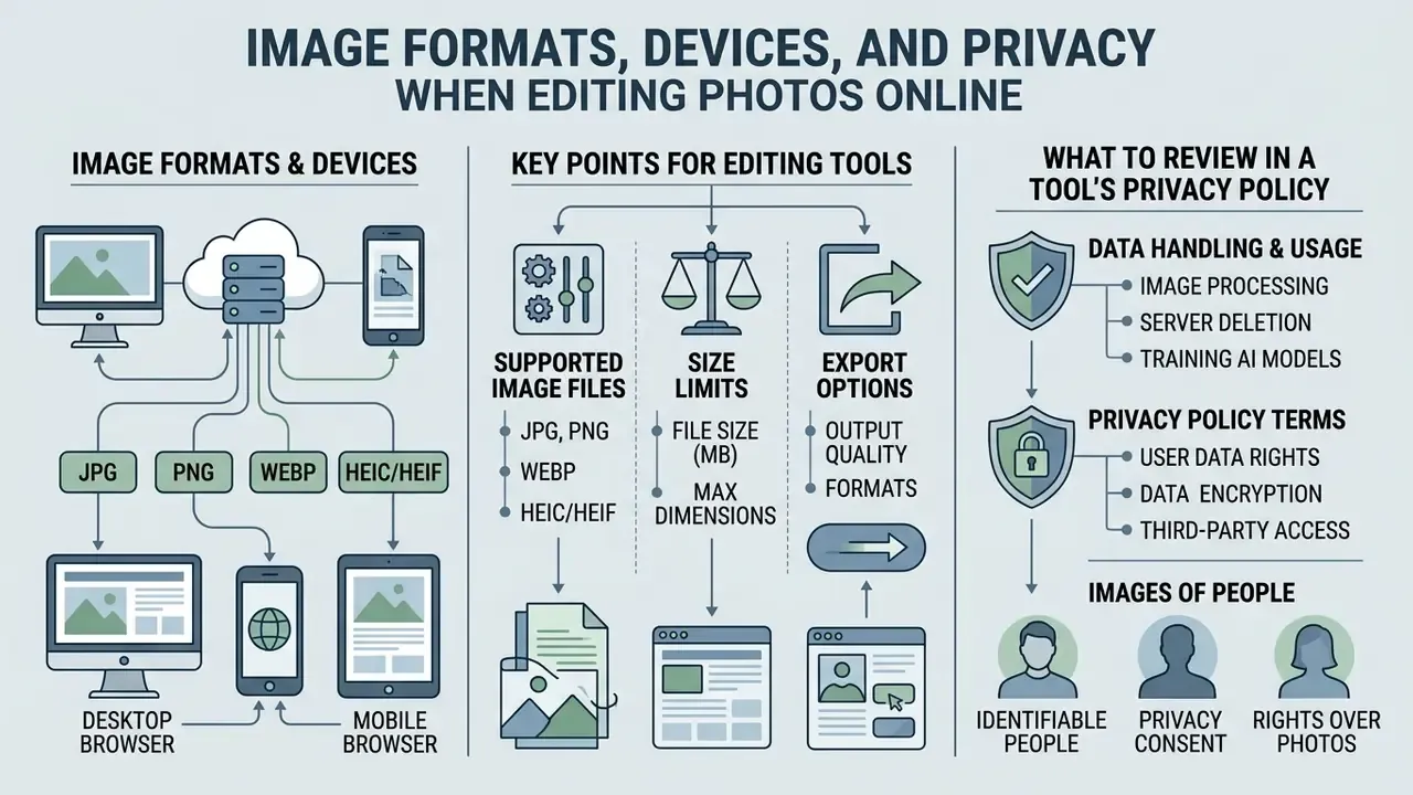 Summary of supported image formats, tool features, and privacy considerations for online photo editing