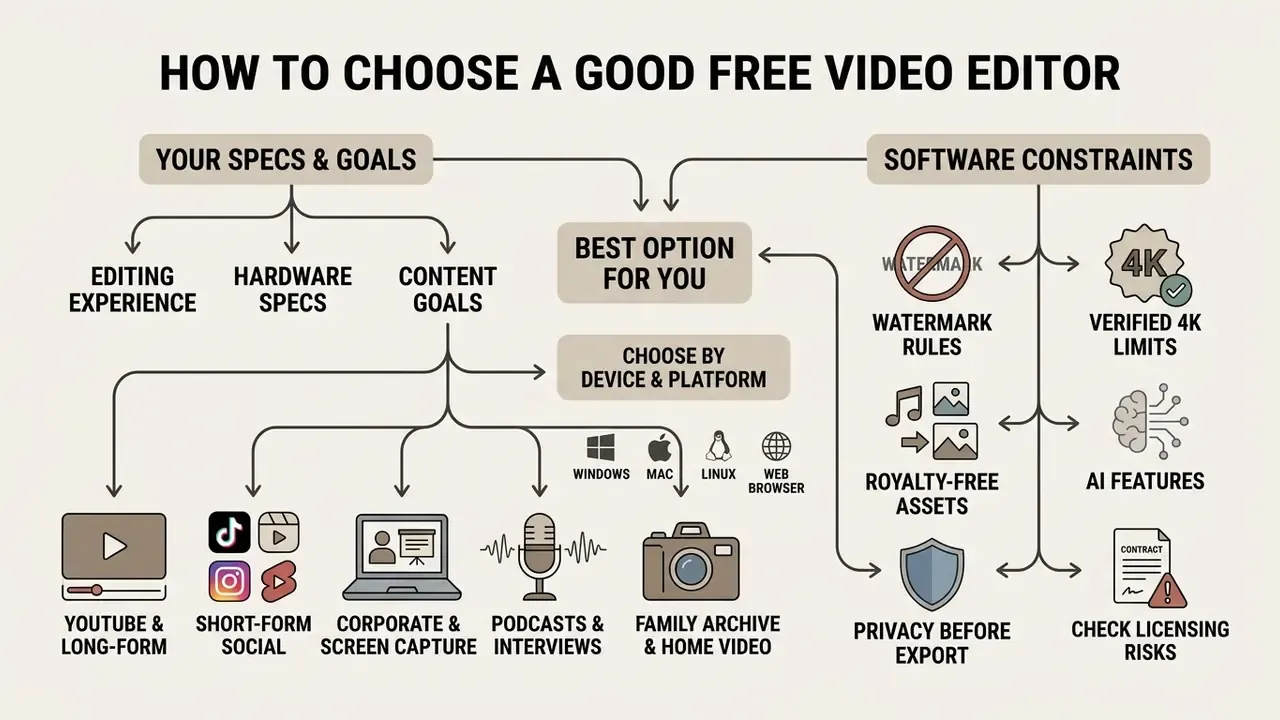 Flowchart mapping user goals and hardware specs against software constraints to choose a video editor