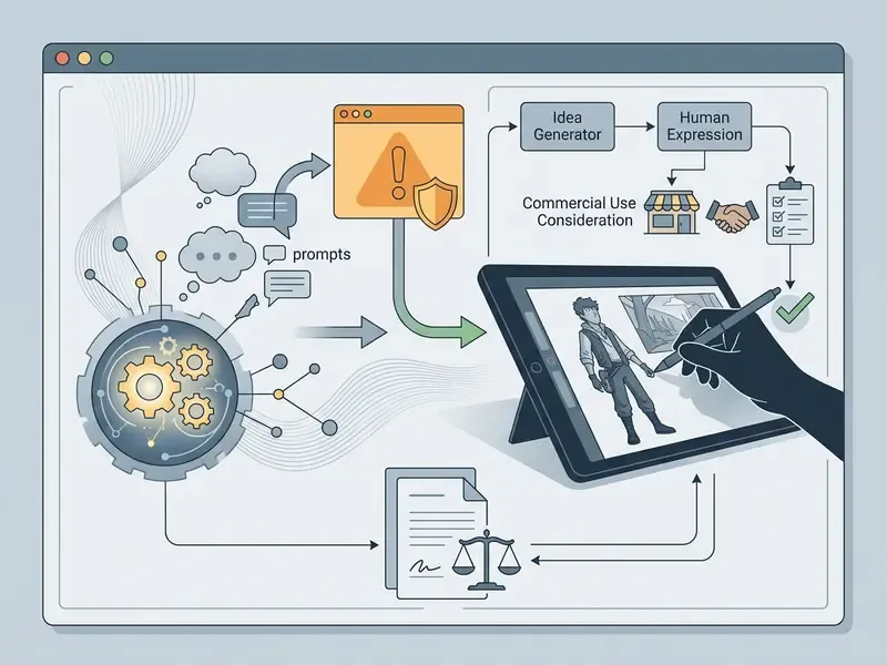 Flowchart connecting prompt generation to human creative expression and legal compliance for commercial use