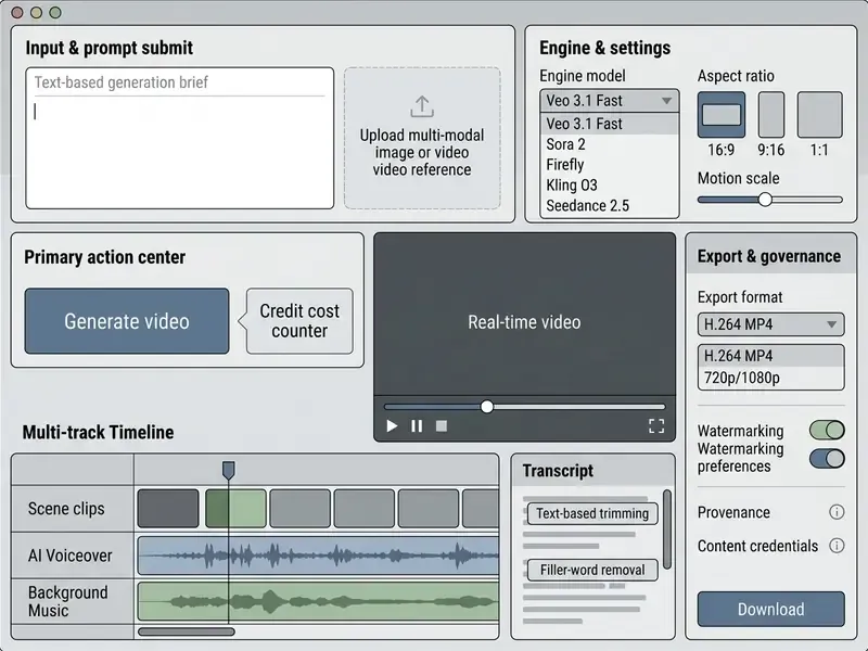 Layout of an AI video generator interface showing prompt boxes, model settings, and a multi-track timeline