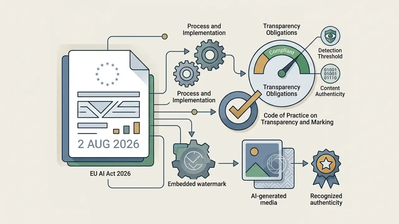 EU AI Act document connected to compliance gears, a status gauge, and media authentication symbols