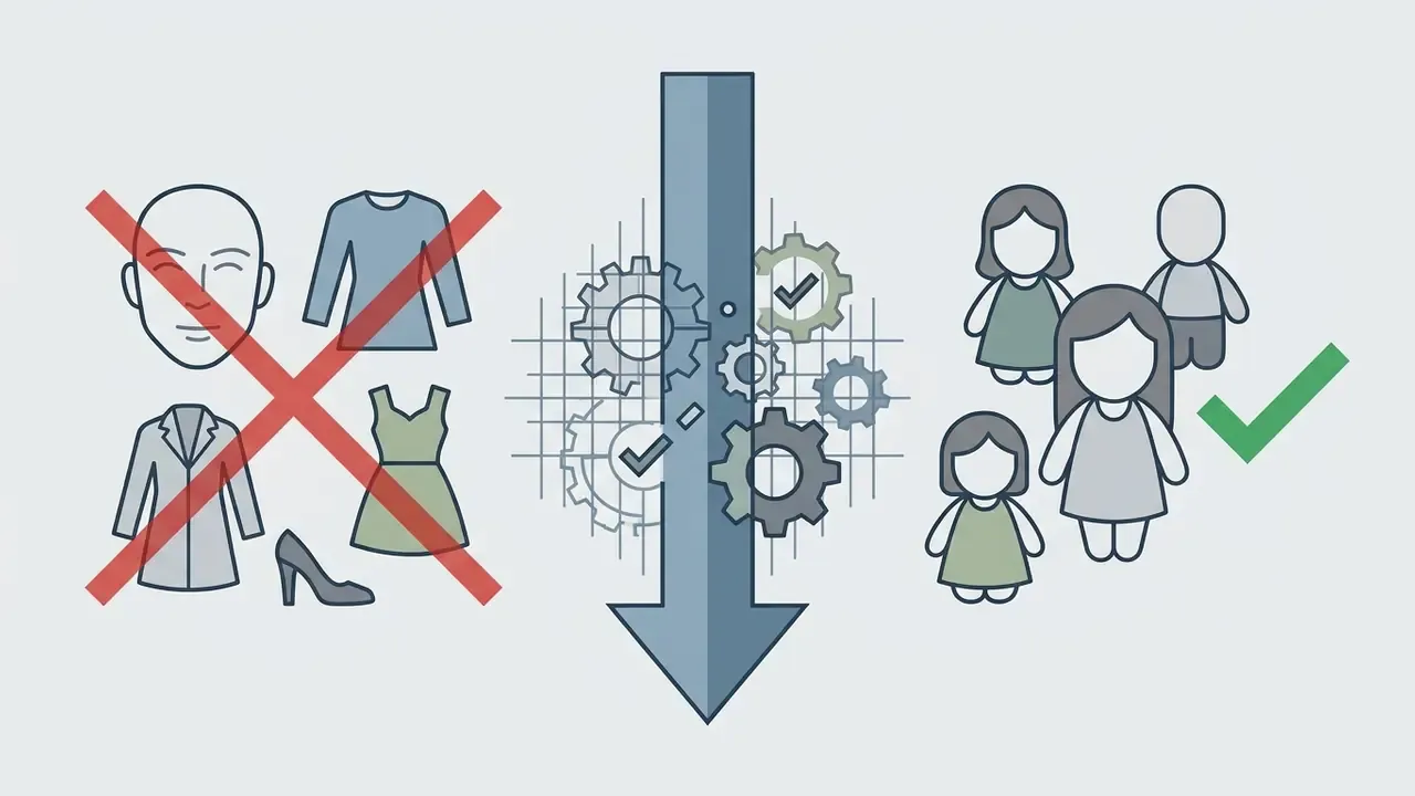 Red cross over clothing and face icons pointing to a gear process that yields approved character designs