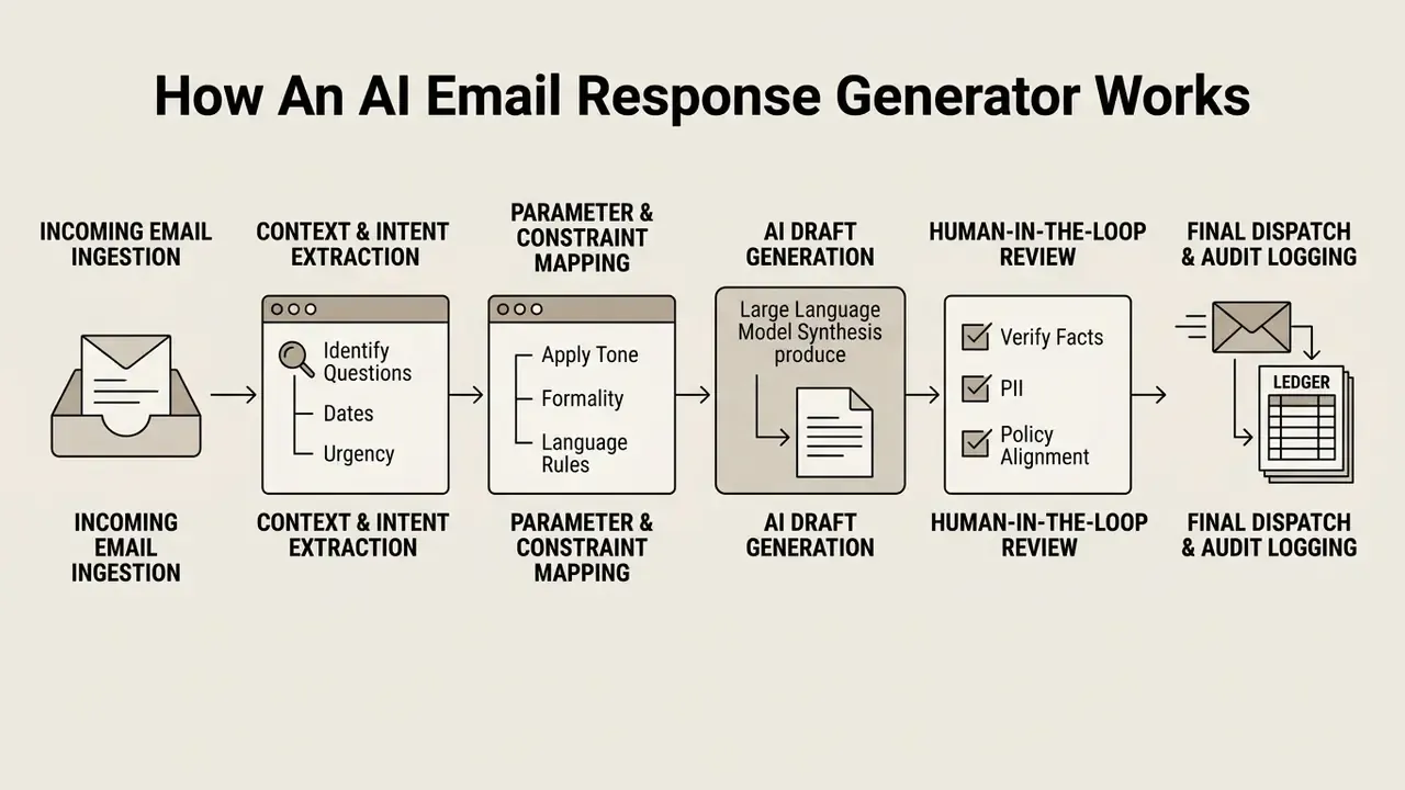 Flowchart showing steps from email ingestion to AI draft generation and human review for final dispatch