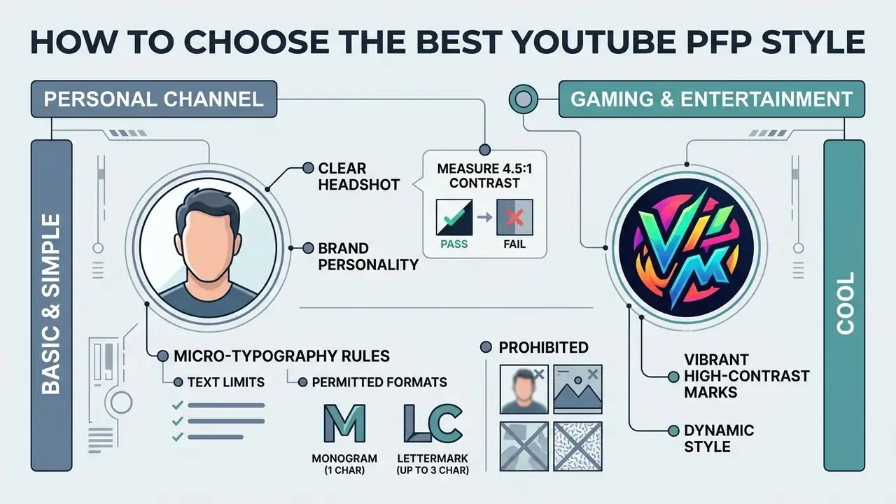Comparison guide contrasting design elements for personal vlogs versus gaming channel profile icons