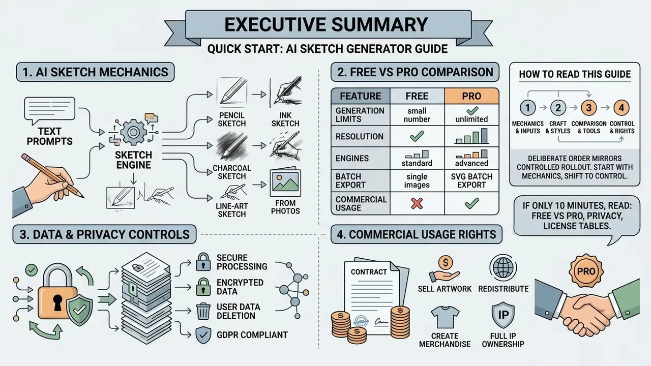 Infographic outlining AI sketch generator mechanics, feature comparisons, privacy controls, and usage rights