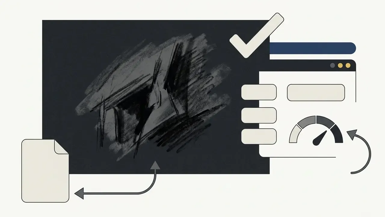 Charcoal sketch on a dark background next to a browser window with a gauge and a checkmark icon