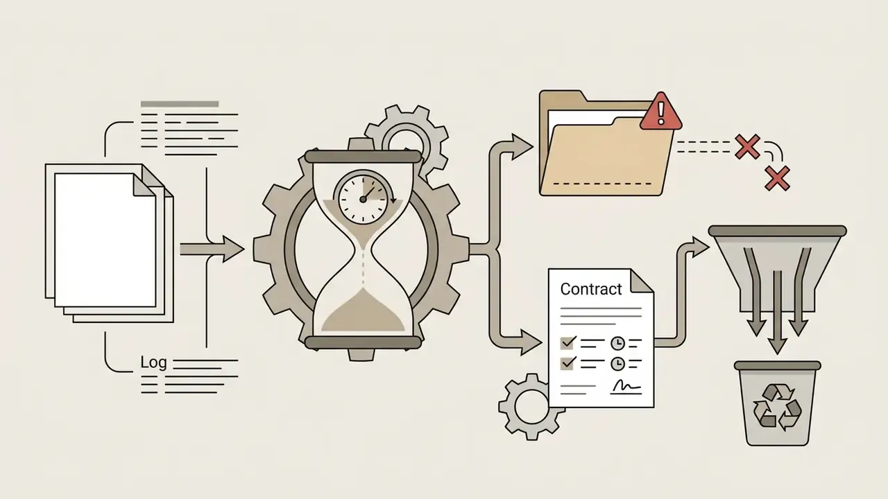 Process graphic showing data files passing through a clock gear to a contract and a deletion funnel