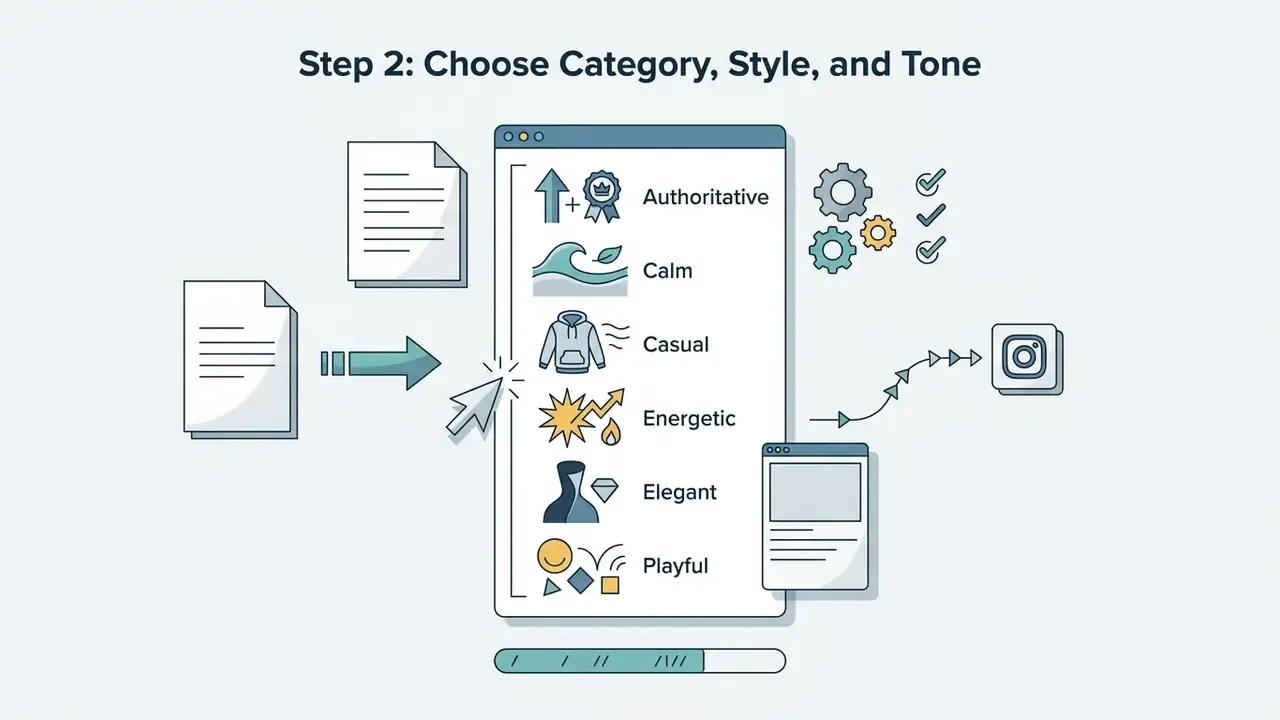 Menu interface showing selectable tone and style options for customizing social media profiles
