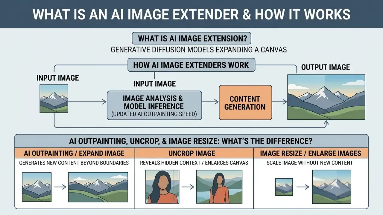 Flowchart illustrating how an AI image extender processes input to generate expanded visual content