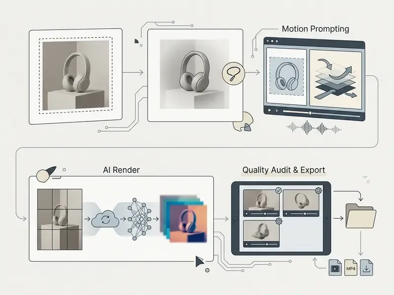 Sequential process from product photo selection and background isolation to AI rendering and final export