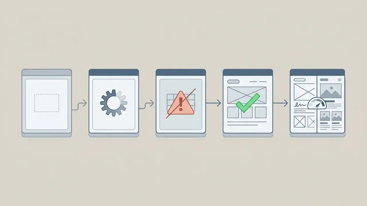 Sequence of UI states showing an empty screen, loading, error, success, and final layout performance