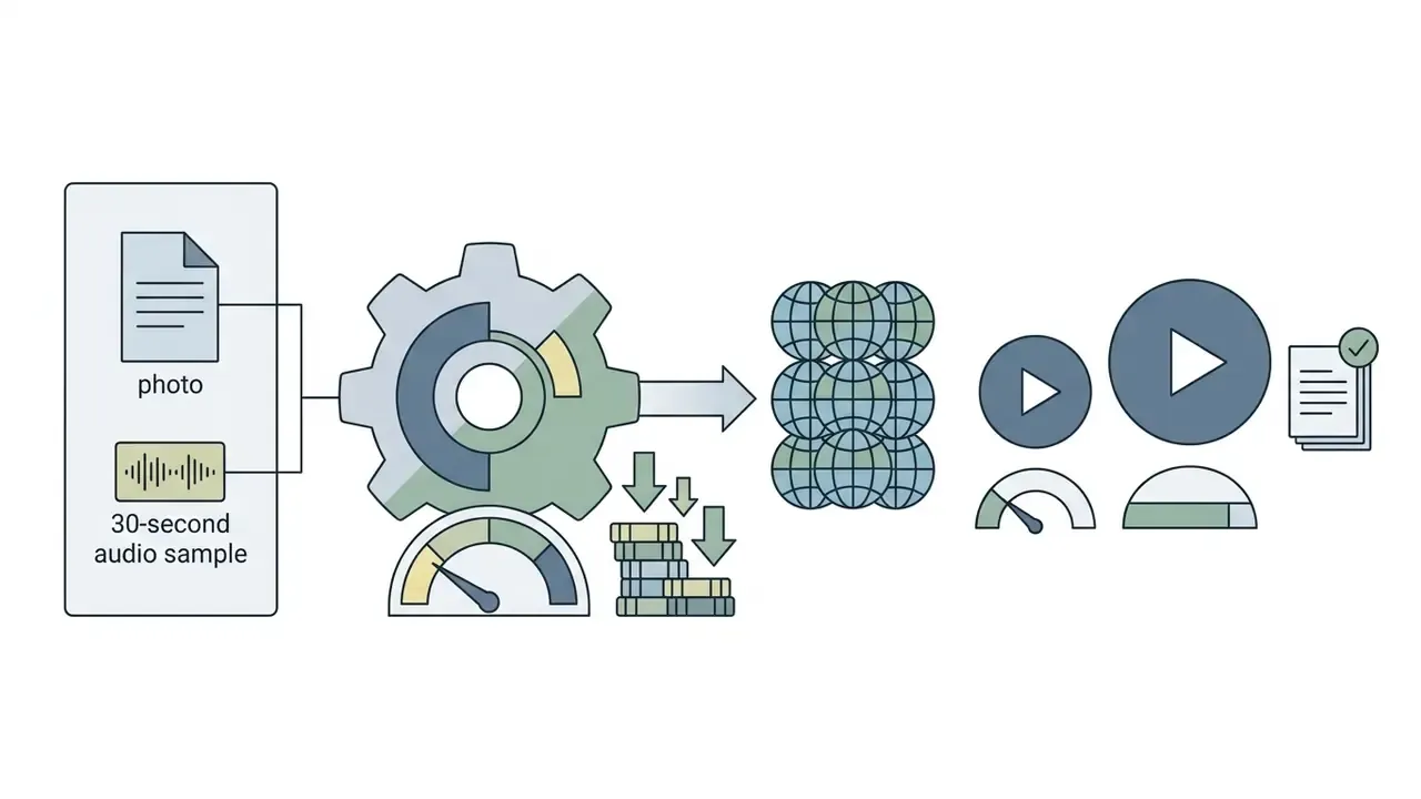Photo and audio inputs processing through a gear and cost gauge into global video outputs