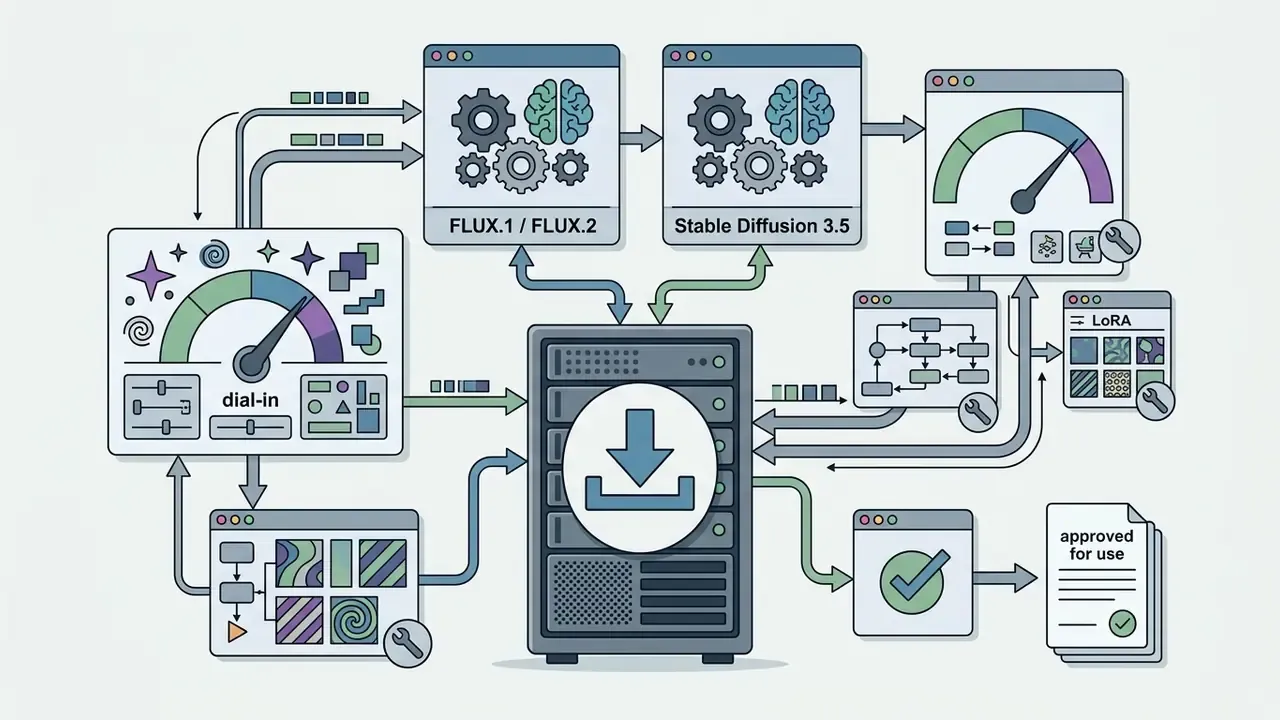 Diagram showing local server deployment of generative models with LoRA adapters and configuration controls