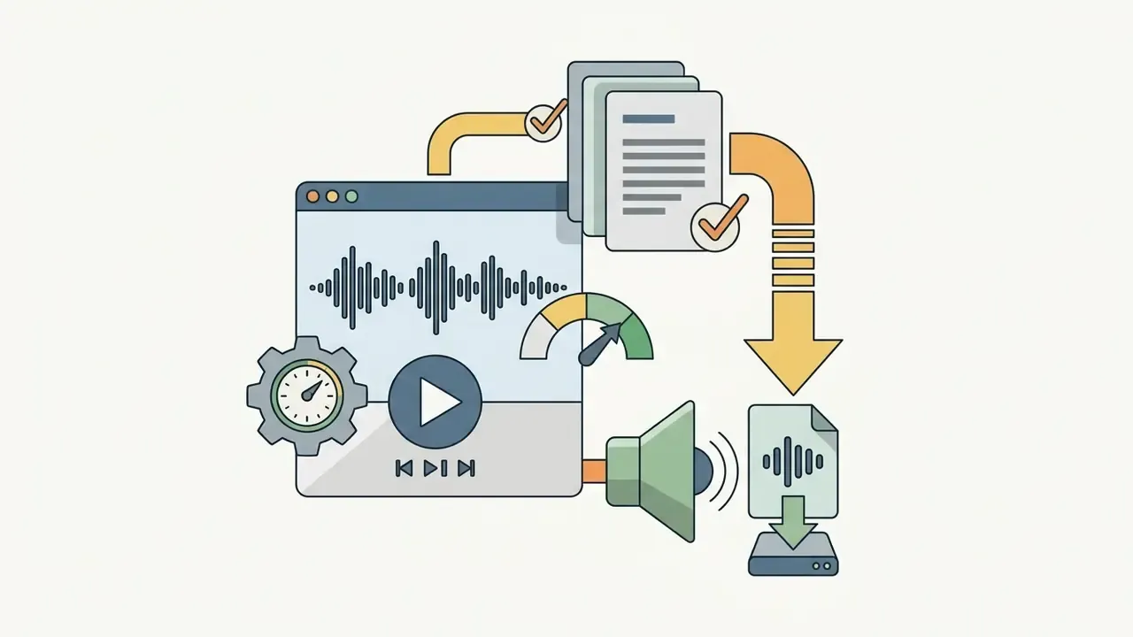 Interface showing audio playback controls, source document verification, and file download options