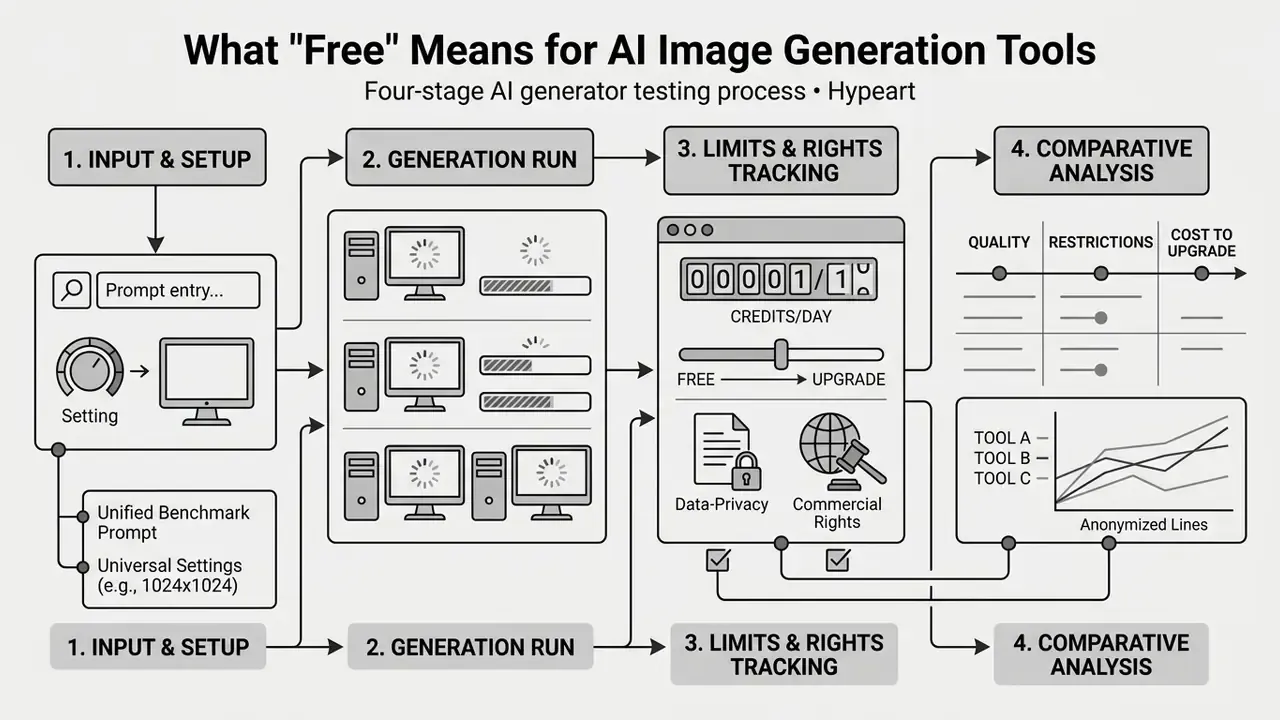 Four-stage flowchart detailing the process of testing free AI image generator tools