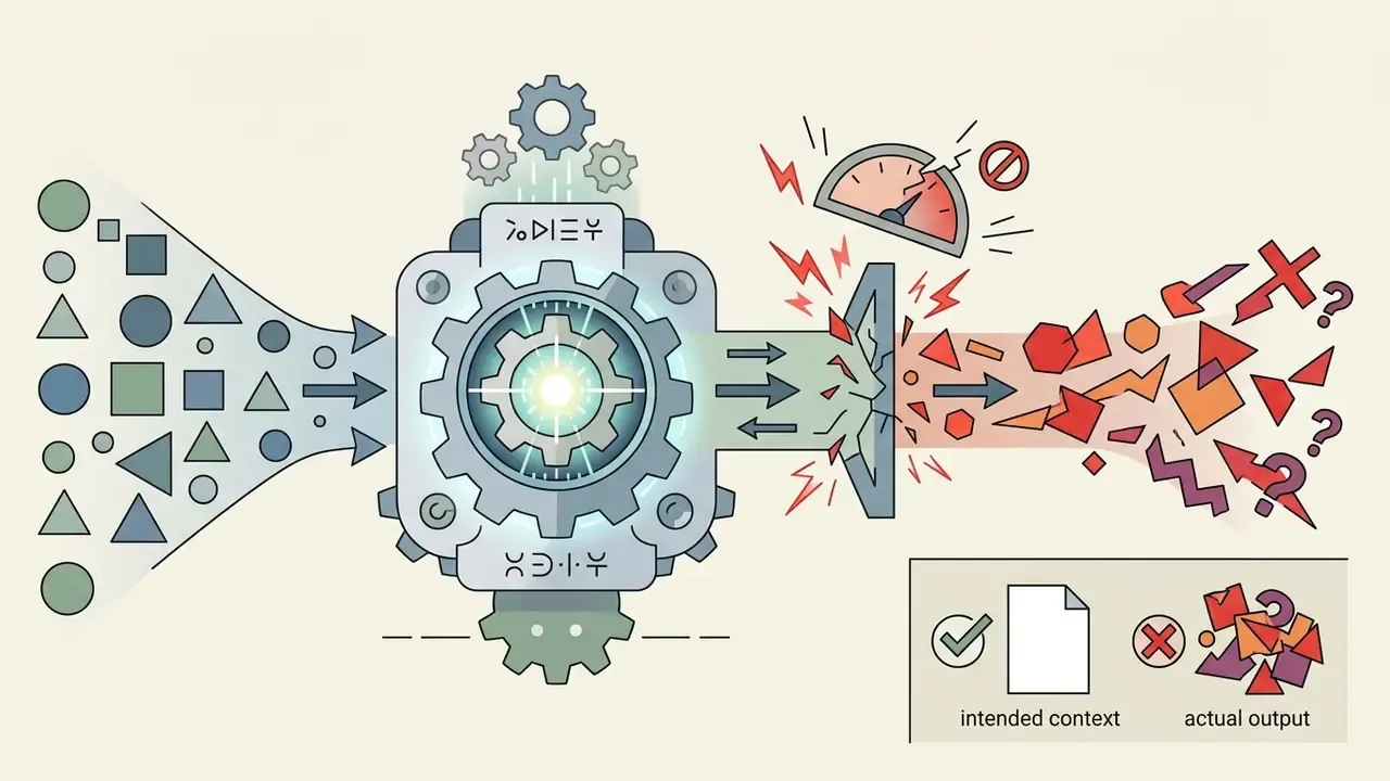Gears processing geometric shapes into a fragmented and chaotic output with a broken gauge