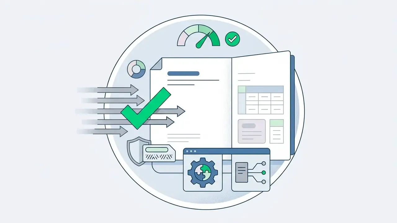 Arrows with a checkmark move toward a document featuring a shield, gear, and status gauge icons