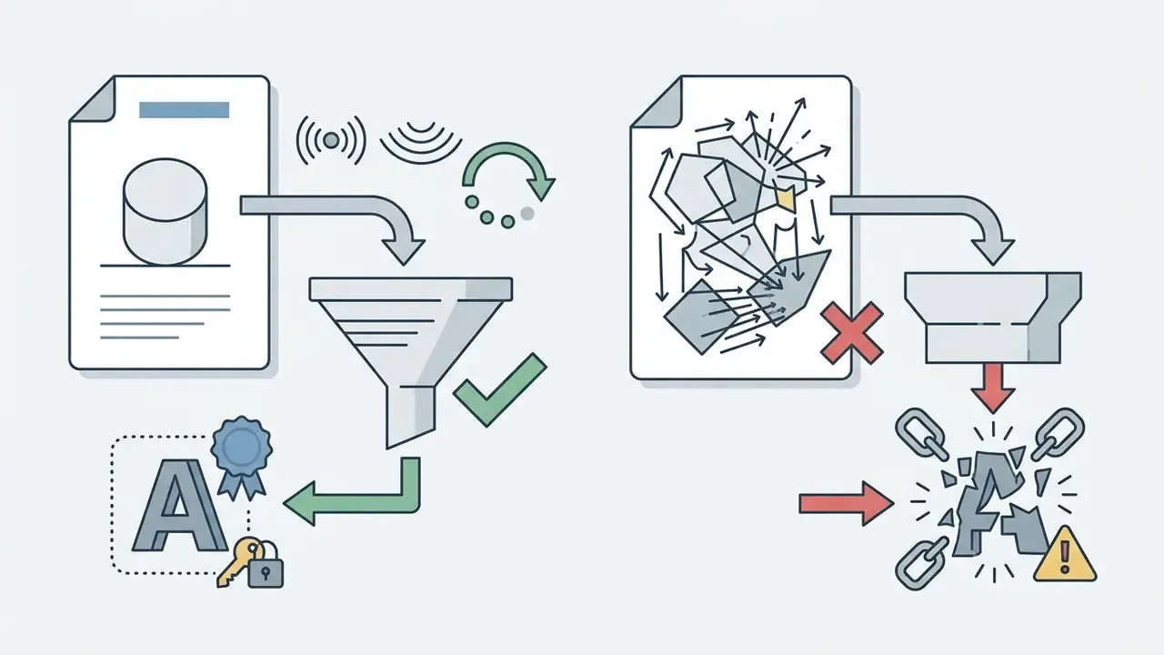 Two contrasting workflows showing filtered data producing a secure asset versus chaotic data breaking a logo