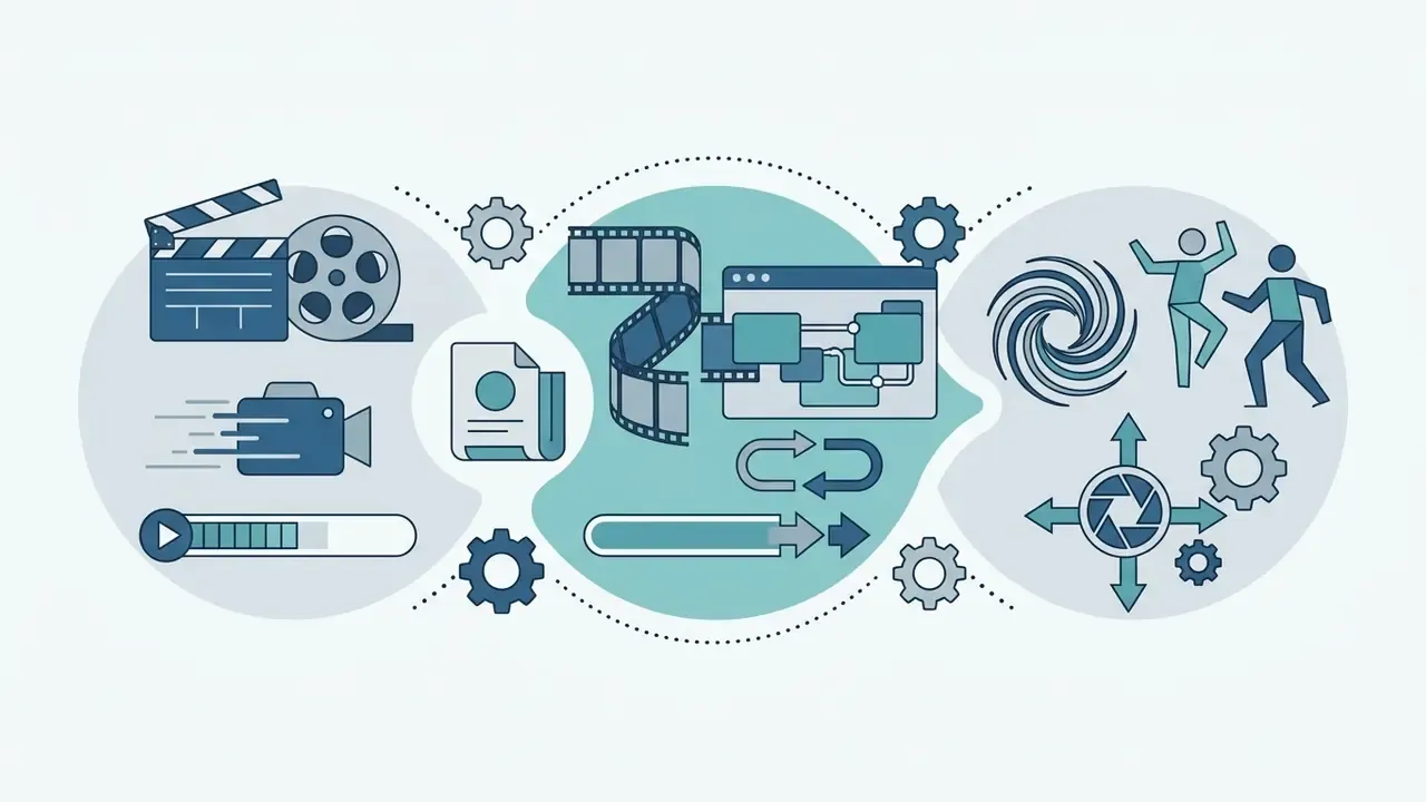 Three circular panels showing film production icons, software interfaces, and stylized motion graphics