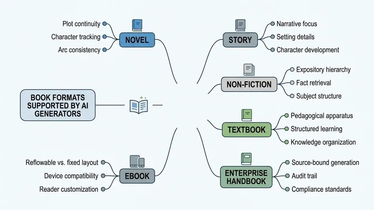 Mind map connecting six specific publication types to their unique technical generation requirements