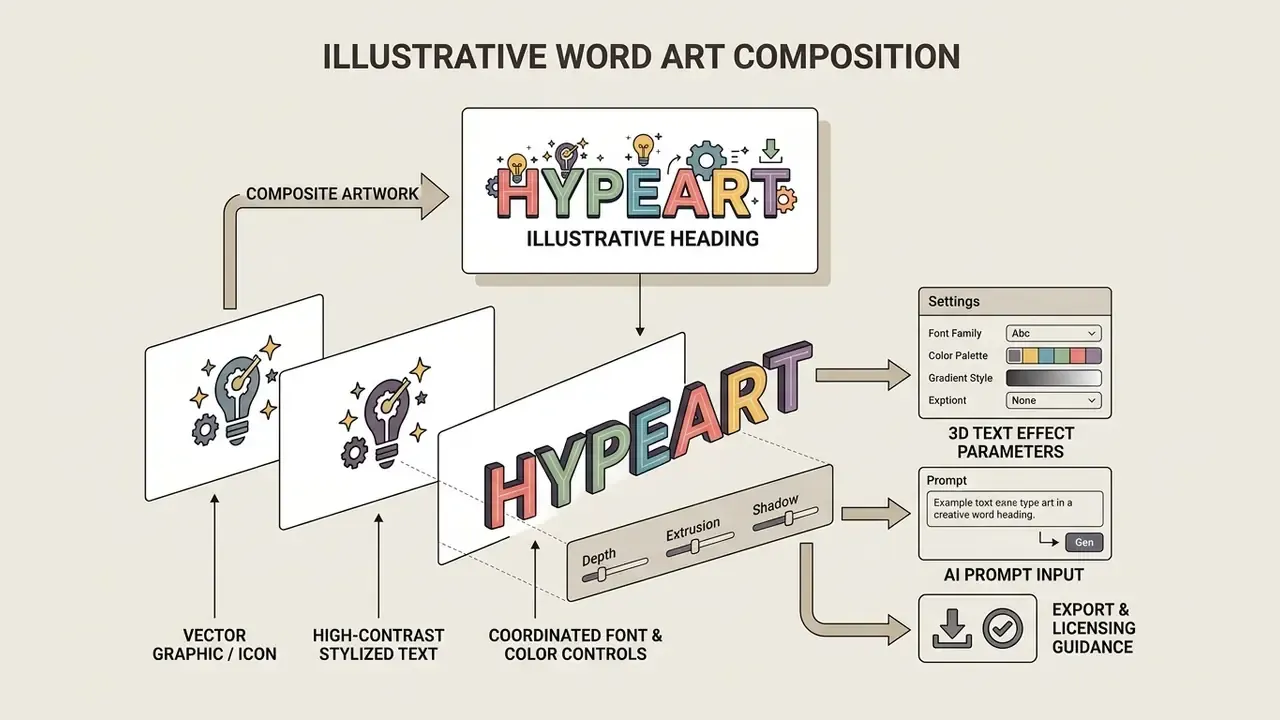 Diagram showing the layered process of combining vector icons and text to generate custom word art