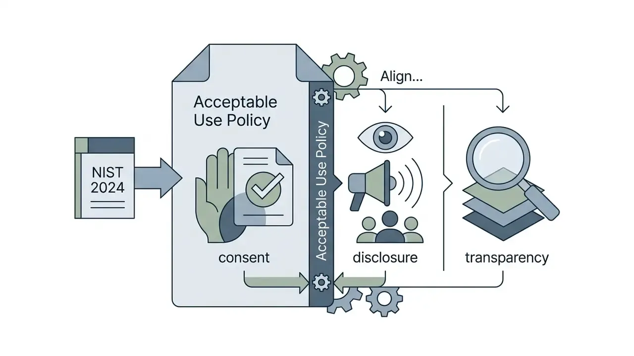 NIST 2024 guidelines flowing into an Acceptable Use Policy document featuring consent, disclosure, and transparency